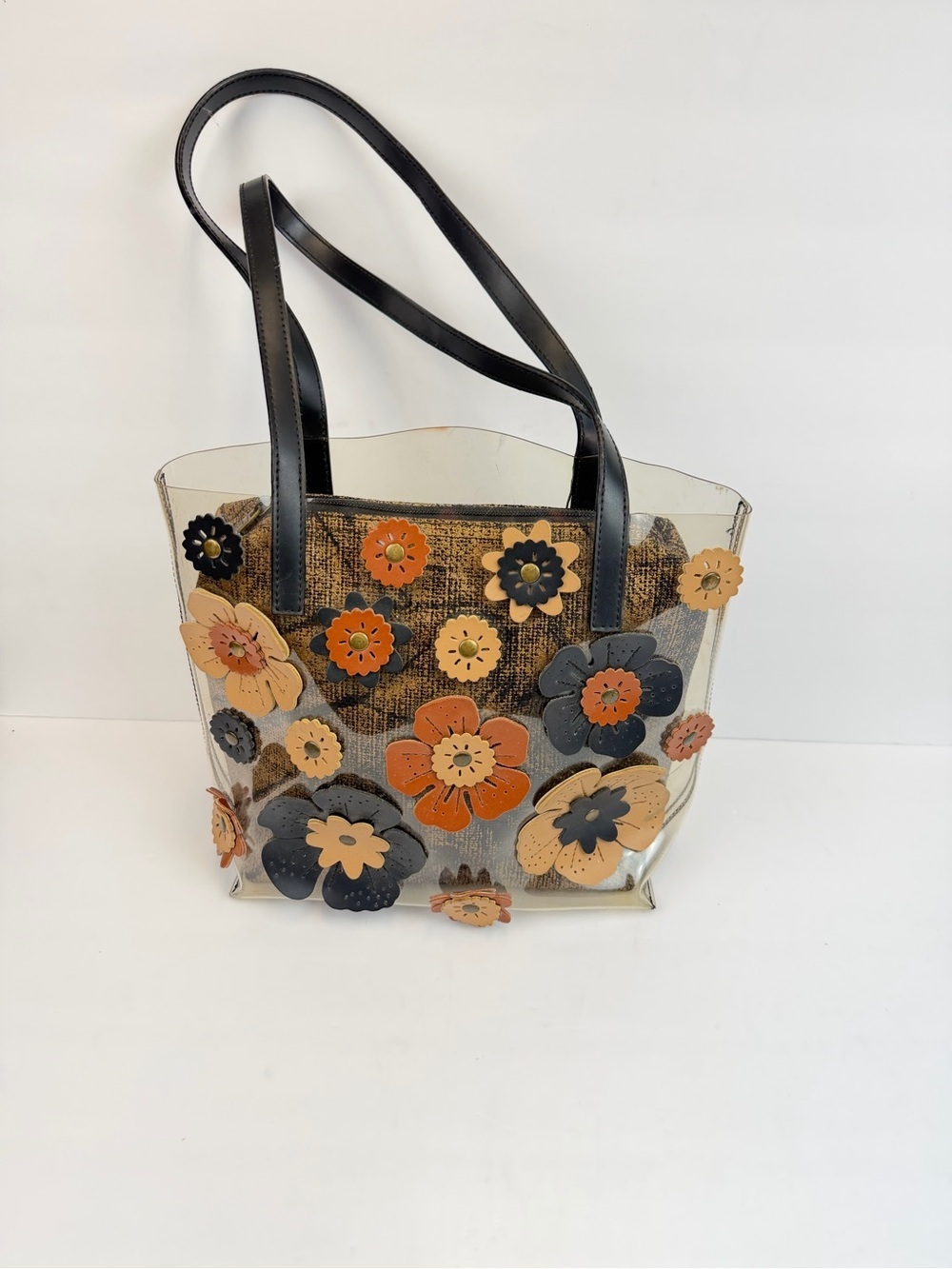 braccialini Clear Floral Appliqué Tote with Orange, Tan, and Black Accents